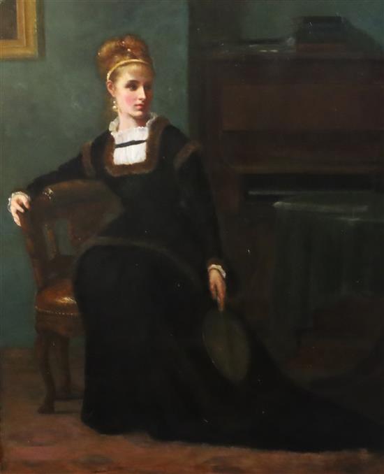 James Ricks (fl.1868-1877) Portrait of a young lady seated in a music room 29.5 x 24.5in.